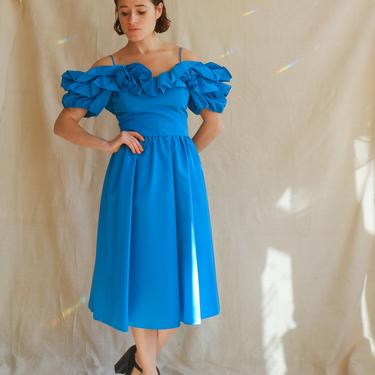 Vintage 80s Turquoise Ruffle Off The Shoulder Dress/ 1980s Bridesmaid Blue Tea Length Dress/ Size Small 26 