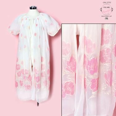 1950's White & Pink Roses PEGNOIR Robe Lingerie Vintage Nightgown Nighty, Sheer Chiffon Nylon 1960's 