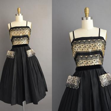 1950s vintage dress | Outstanding Gold & Black Sweeping Full Skirt Floral Cocktail Party Wedding Dress | Small | 50s dress 