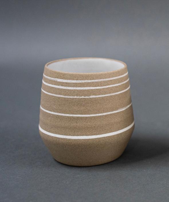 Angled Ceramic Tumbler (Pottery, cup, stoneware, handmade, coffee, tea, white, gold, brass) 