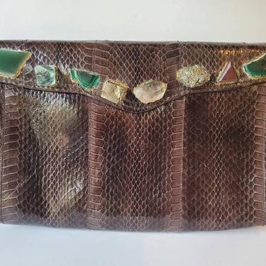 Brown snake clutch with multi crystal deco and sculptured art by Amanda Alarcon-Hunter for Minx and Onyx 