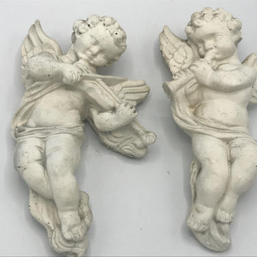 Vintage Pair of Cement Concrete Angel Cherub Wall Hanging Plaque Garden Art Old- White washed 