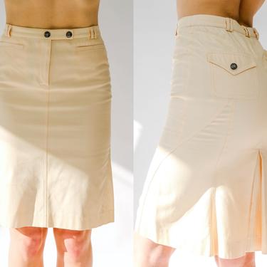 Vintage 90s Gianni Versace Light Beige Silk & Cotton Blend High Waisted Skirt w/ Pleated Vent | Made in Italy | 1990s Versace Designer Skirt 