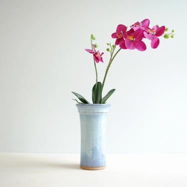 Vintage Handmade Blue Studio Pottery Flower Vase, Stoneware Tall Blue Ceramic Vase 