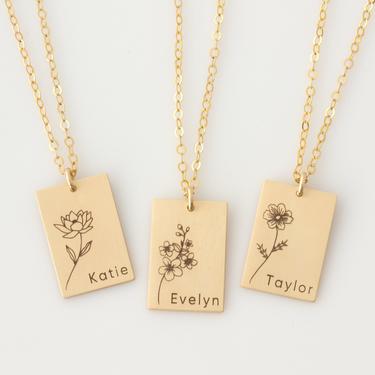 Birth Flower and Name Necklace, Mom Necklace, Personalized Rectangle Birth Flower Necklace, Daisy, Poppy, Rose Birth Flower Mom Necklace 