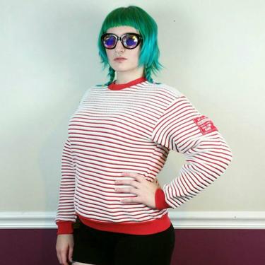 70s 80s vintage thermal pullover sweatshirt Koman Arctic Sportswear Large, Red white striped insulated puffy sweater retro futuristic 