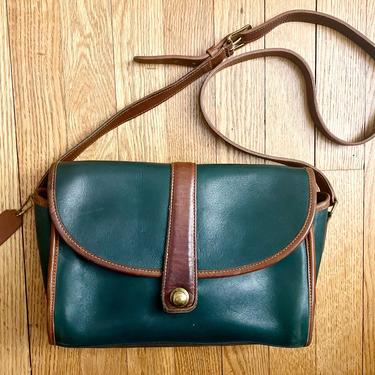 Vintage COACH Hunter Green and British Tan Roll Bag, Flap Over Crossbody Bag, 9887, Made in the U.S.A. 