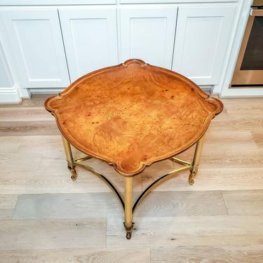 Mid-Century Hollywood Regency Brass & Burl Walnut Patchwork Cocktail Coffee Table Attributed to Mastercraft 