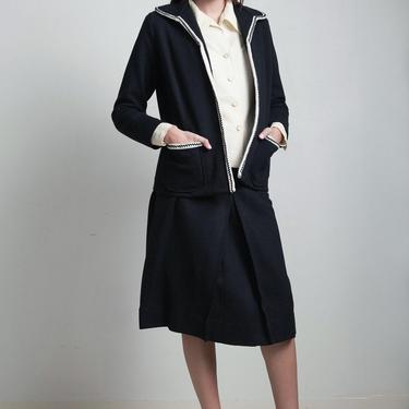 black white pleated skirt suit vintage 70s matching 3-piece set pocket open jacket textured top MEDIUM M 