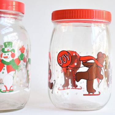 French Glass Canister | Christmas Ice skating Teddy Bears Kitsch Graphic | Made in France | 1 L w/ Red Plastic Twist Lid Holiday Decoration 
