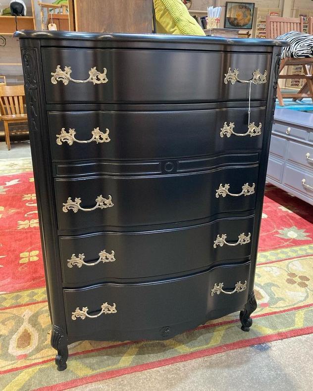 Black painted French provincial chest of drawers.  36” x 21” x 49”
