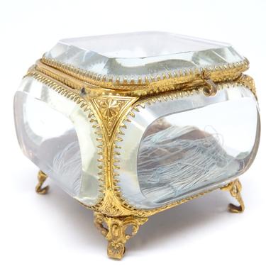 Antique French Brass Jewelry Casket with Beveled Glass with Original Pad, Vintage Jewelry Box 
