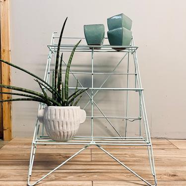 Teal Turquoise Metal Wire Plant Rack Stand | Stair Step Vintage Plant Rack | Folding Wire Rack | Painted | Shabby | Indoor Garden Industrial 