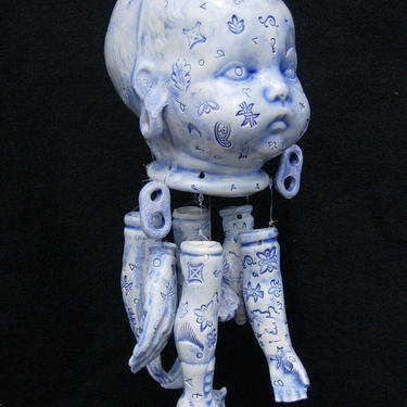 Original STACY LAMBERT Baby Doll Parts Wind CHIME 10&amp;quot; High Ceramic Porcelain Studio Pottery, Southern Folk Art Mid-Century Modern eames era 