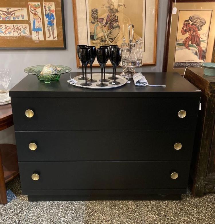 Black painted 3 drawer Art Deco dresser 20” deep 45” wide 33” tall 