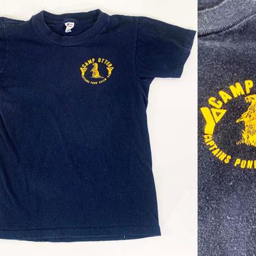 True Vintage T-Shirt Camp Otter Captain&#39;s Pond Salem NH 1980s USA Short Sleeve Blue Tee Kids Toddler Childrens Shirt Champion 80s Camping XS 