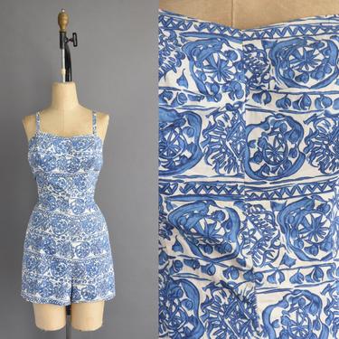 1950s vintage swimsuit | Rose Marie Reid Blue & White Cotton Summer Swimsuit Romper | XL | 50s swimsuit 