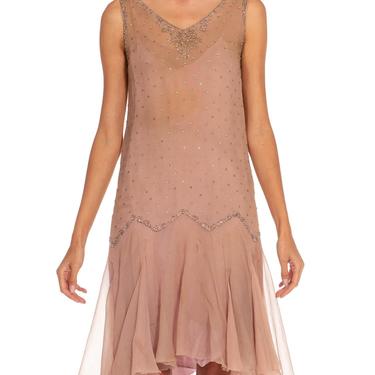 1920S Dusty Rose Silk Chiffon Flapper Dress Embellished With Crystals 