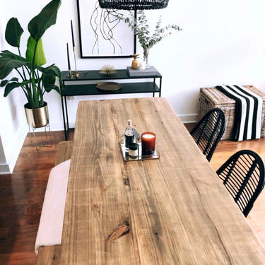 UMBUZÖ Boho Dining Table and Bench, Butcher Block Wood Dining Table &amp; Bench 