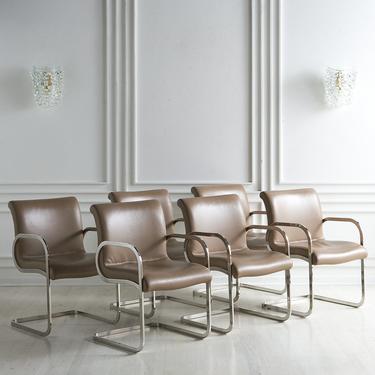 Set of 6 Leather and Chrome "Ghia" Dining Chairs by  Charles Gibilterra for Breuton