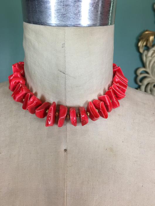 1960s necklace, chunky red necklace, vintage 60s jewelry, coral like beads, trifari jewelry, vintage choker, rockabilly style, mrs maisel 