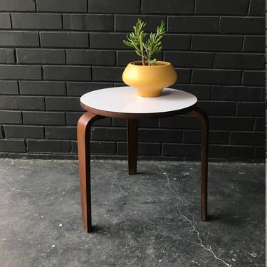 Mid-Century Thonet Bentwood Stool with White Formica and Dark Wood Vintage 1950s Three 3 Legged Side Table Plant Stand Eames Era 