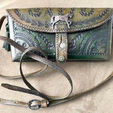 Vintage Tooled Green Leather Crossbody Purse with Silver Horse and Silver Components by LeChalet