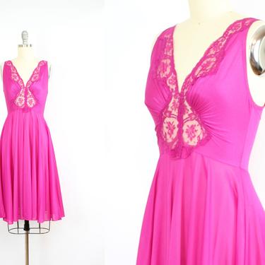 Vintage 70's 80's Hot Pink OLGA Slip Dress / 1970's Lace Knee Length Slip Lingerie / Women's Size XS Small by Ru