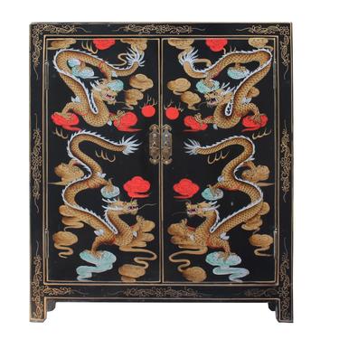 Chinese Black Base Golden Dragons Scenery End Table Nightstand cs4917S