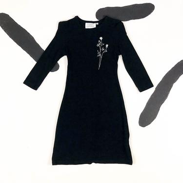 90s Black Minimal Three Quarter Length Sleeve Midi Dress / Blue Rose / Floral / Marian &amp; Maral / Goth / Bodycon / Fitted / Medium / M 