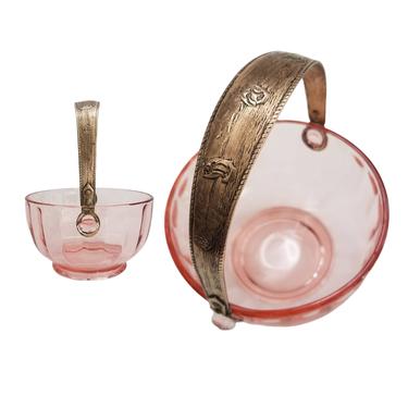 Vintage Pink Depression Glass Bowl / Ship Embossed Brass Handle Dish / Round Pink Glass Catch All Dish with Clipper Handle 