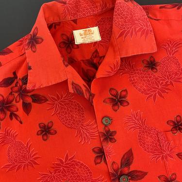 1960's Hawaiian Shirt - UI-MAIKAI Label - All Cotton - Metal Buttons - Tropical Flowers & Pineapples - Patch Pocket - Men's Size MEDIUM 