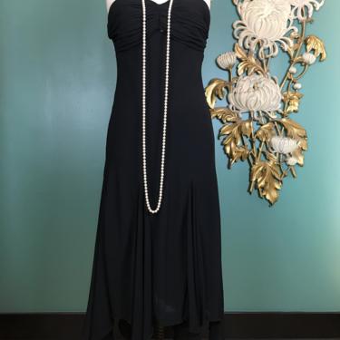 1990s slip dress, black silk dress, vintage 90s dress, flapper style, size small, ruched, asymmetrical hem, spaghetti straps, 1920s style 