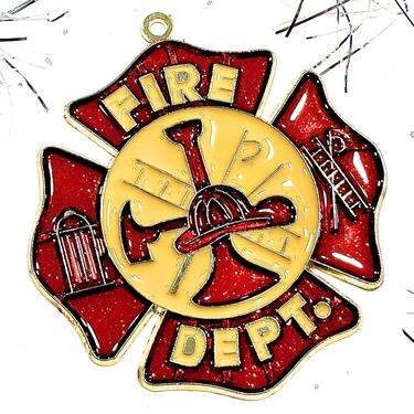 VINTAGE: 1980s - Retro Metal and Resin Fire Dept. Ornament - Faux Stain Glass - Sun Catchers - Gift - SKU 15-E2-00033297 