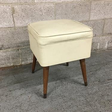 Vintage Leather Ottoman Retro Mid Century Modern Square Footstool with Storage White and Brown Pointed Legs LOCAL PICKUP ONLY 