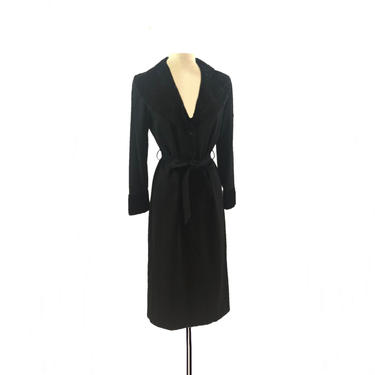 Vintage 80s long black overcoat| faux lamb collar and cuffs| S. L. Fashions lightweight thin coat| 