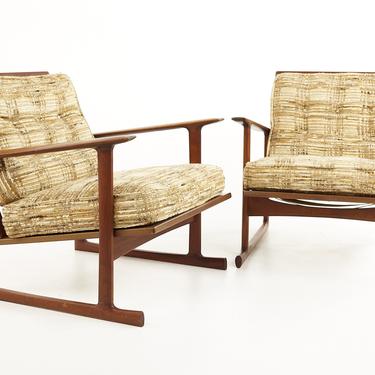 Kofod Larsen for Selig Mid Century Walnut Sleigh Leg Lounge Chairs - A Pair - mcm 