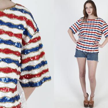 Red White And Bluse Blouse / Shiny American Themed Sequin Top / Vintage 80s Nautical Striped Gold Beaded Party Top 