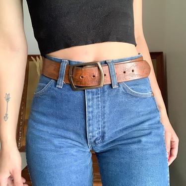 Vintage 70's Western Mountain and Horse Tooled Leather Brass Buckle Belt 