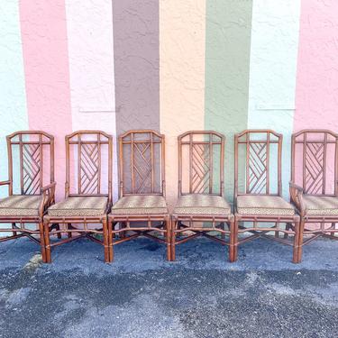 Set of Six Brown Jordan Rattan Chippendale Dining Chairs