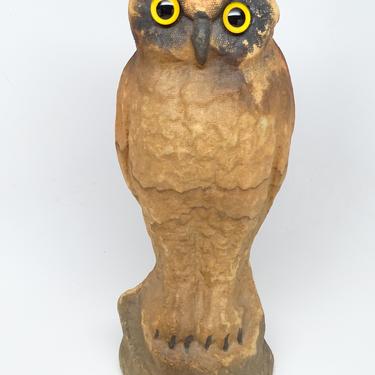 Antique 1930's Halloween 10 1/4 Inch Owl, Glass Eyes and Pulp Paper Mache Candy Container, Vintage Retro Party Decor 