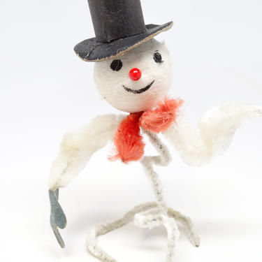Vintage 1950's Snowman Chenille Ornament, Black Top Hat, Retro Christmas 