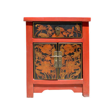 Oriental Distressed Orange Red Graphic Side End Table Nightstand cs5725E 