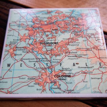 1984 Dusseldorf Germany Handmade Repurposed Vintage Map Coaster - Ceramic Tile - Repurposed 1980s Goode's World Atlas - One of a Kind 