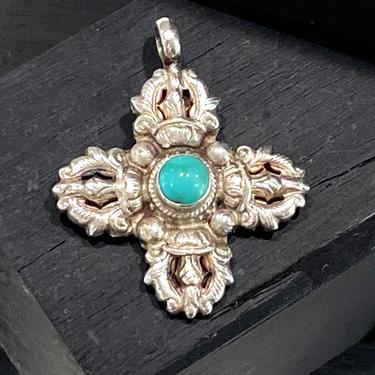 Vintage Decorative Sterling Silver Turquoise Cabochon Cross Pendant 