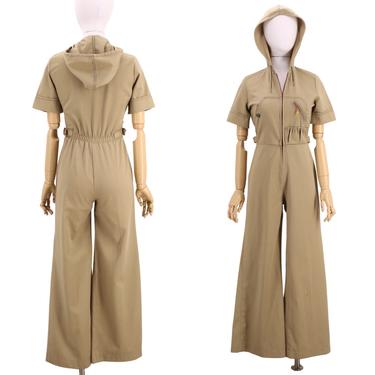 70s hooded bottom jumpsuit size M / 1970s khaki BODY ENGLISH cotton flare leg bells bottoms one piece outfit military work sz 9/10 