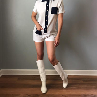 70s romper | white and navy collared playsuit | button down with pockets 