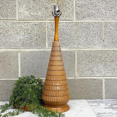 Vintage Table Lamp Retro 1960s Mid Century Modern + Brown + Ceramic + Tiered + Cone Design + Wood Details + MCM Lighting + Home Decor 