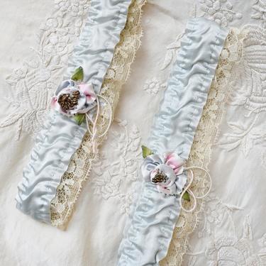 1920s Baby Blue Silk Satin and Lace Garter Set | Vintage 20s Bridal | Wedding Garters | Flapper Style 