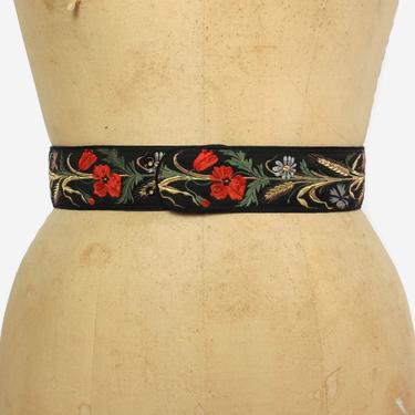 Vintage 50s Embroidered Belt / 1950s Silk Floral Wheat Embroidered Black Leather Belt 